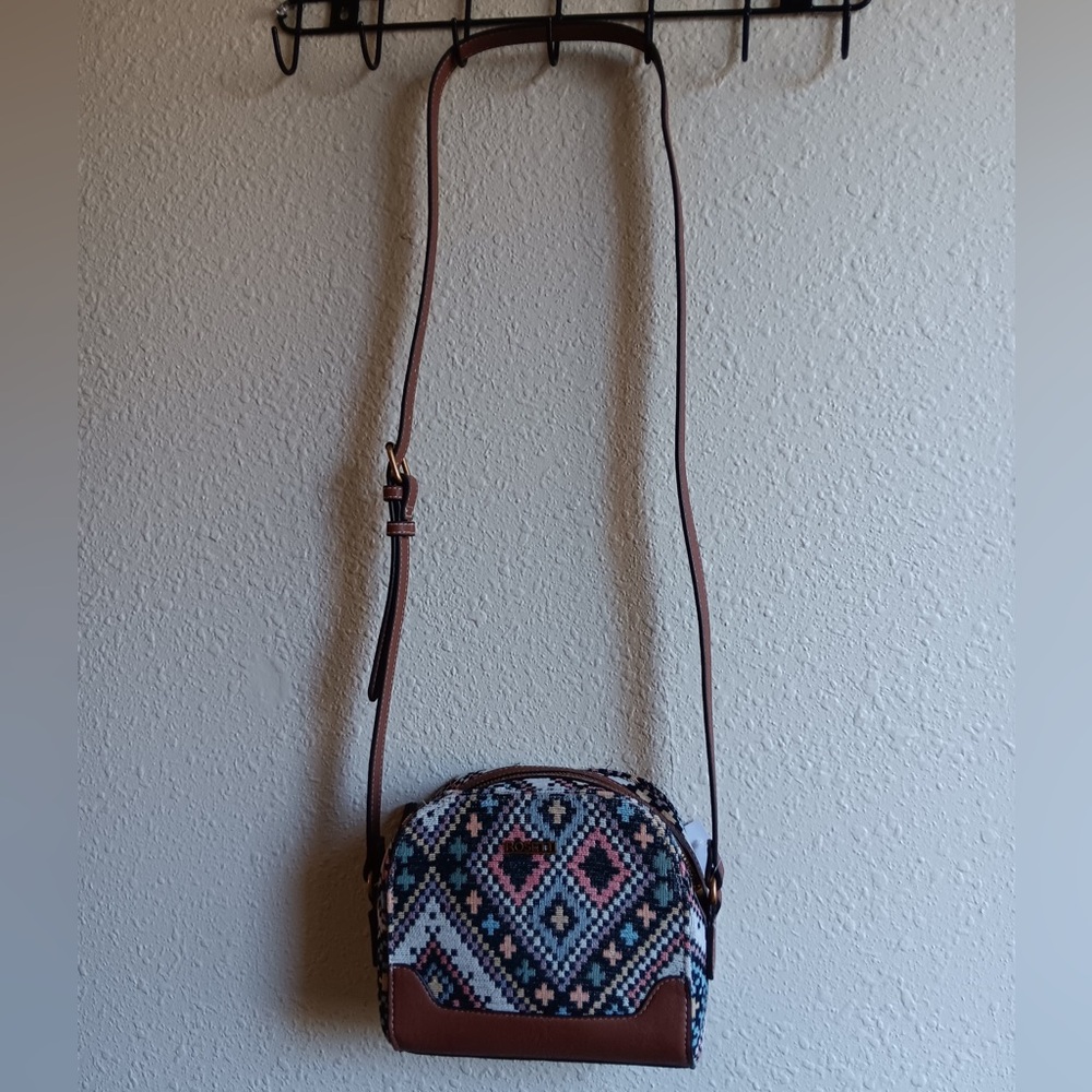 Rosetti Multicolor Aztec Print Crossbody Bag with Brown Trim